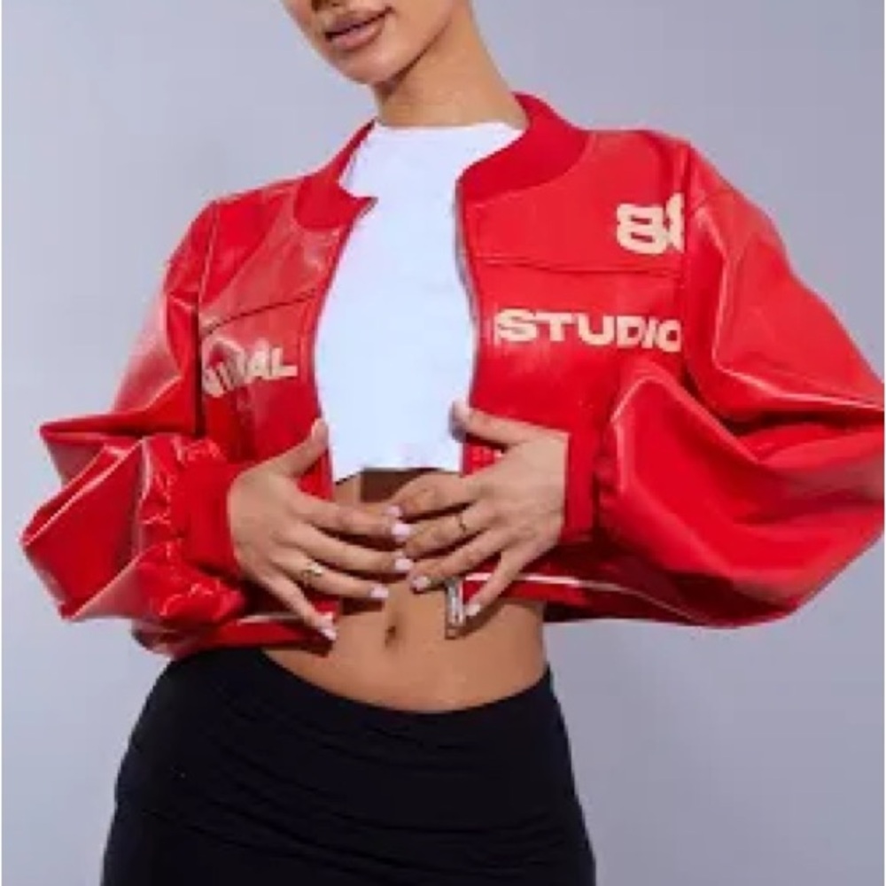 Pretty Little Things Super Cropped PU Bomber Jacket